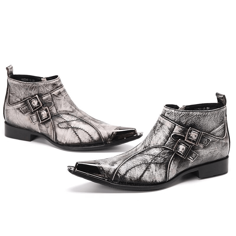 Stylish men's retro grey boots with double buckles and metal toe design, perfect for adding flair to any outfit.