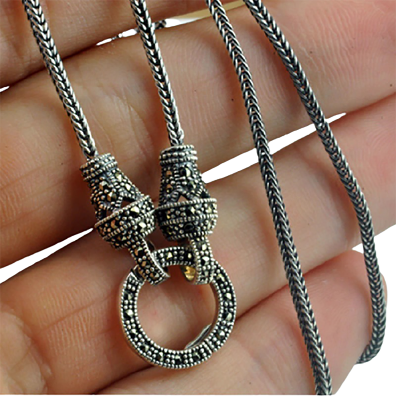 Retro Long Chain with Real Silver / Marcasite Stone Pendant / S925 Sterling Silver Jewelry - HARD'N'HEAVY