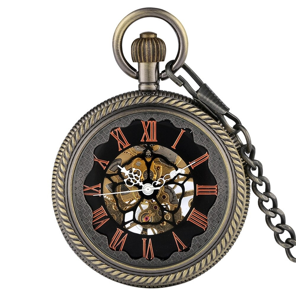 Antique mechanical pocket watch with ornate design and black face, perfect retro accessory for men and women.