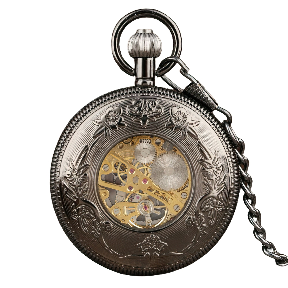 Antique silver mechanical pocket watch with intricate floral design and visible gears, suitable for men and women.
