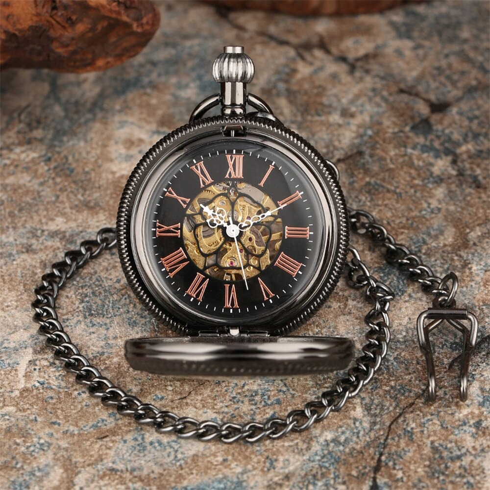 Retro mechanical pocket watch with intricate design and chain, perfect for men and women as a stylish accessory.