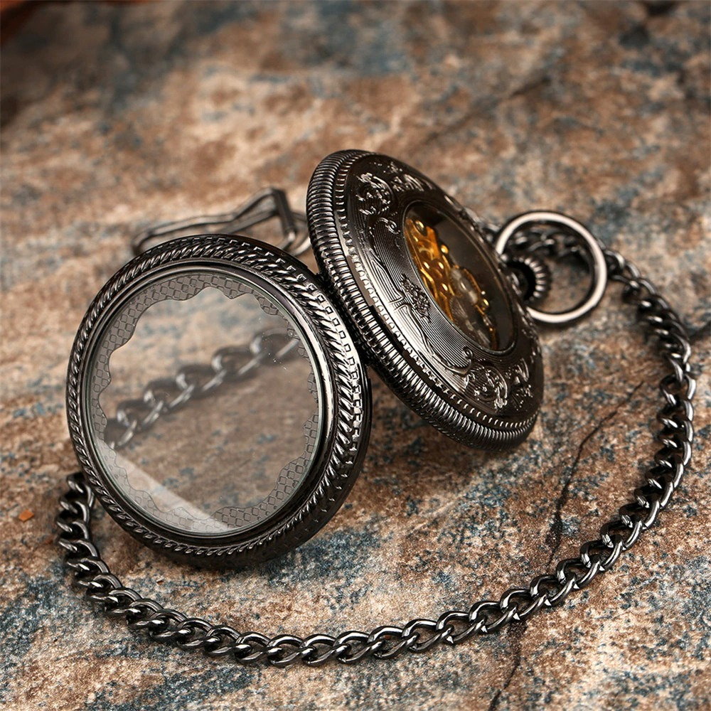 Retro mechanical pocket watch with antique design and chain, perfect for men and women gift.