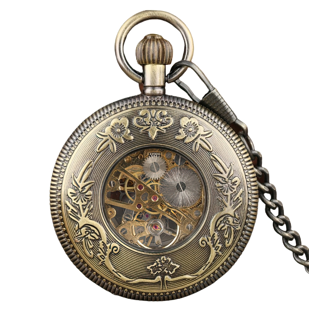 Antique mechanical pocket watch with intricate design and chain, perfect retro accessory for men and women.