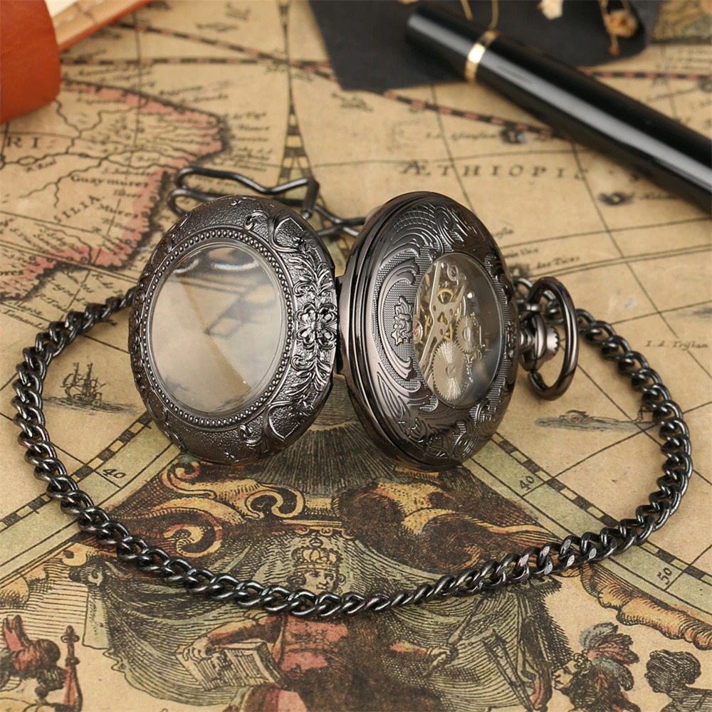 Vintage mechanical pocket watch with ornate design and chain on a vintage map background.