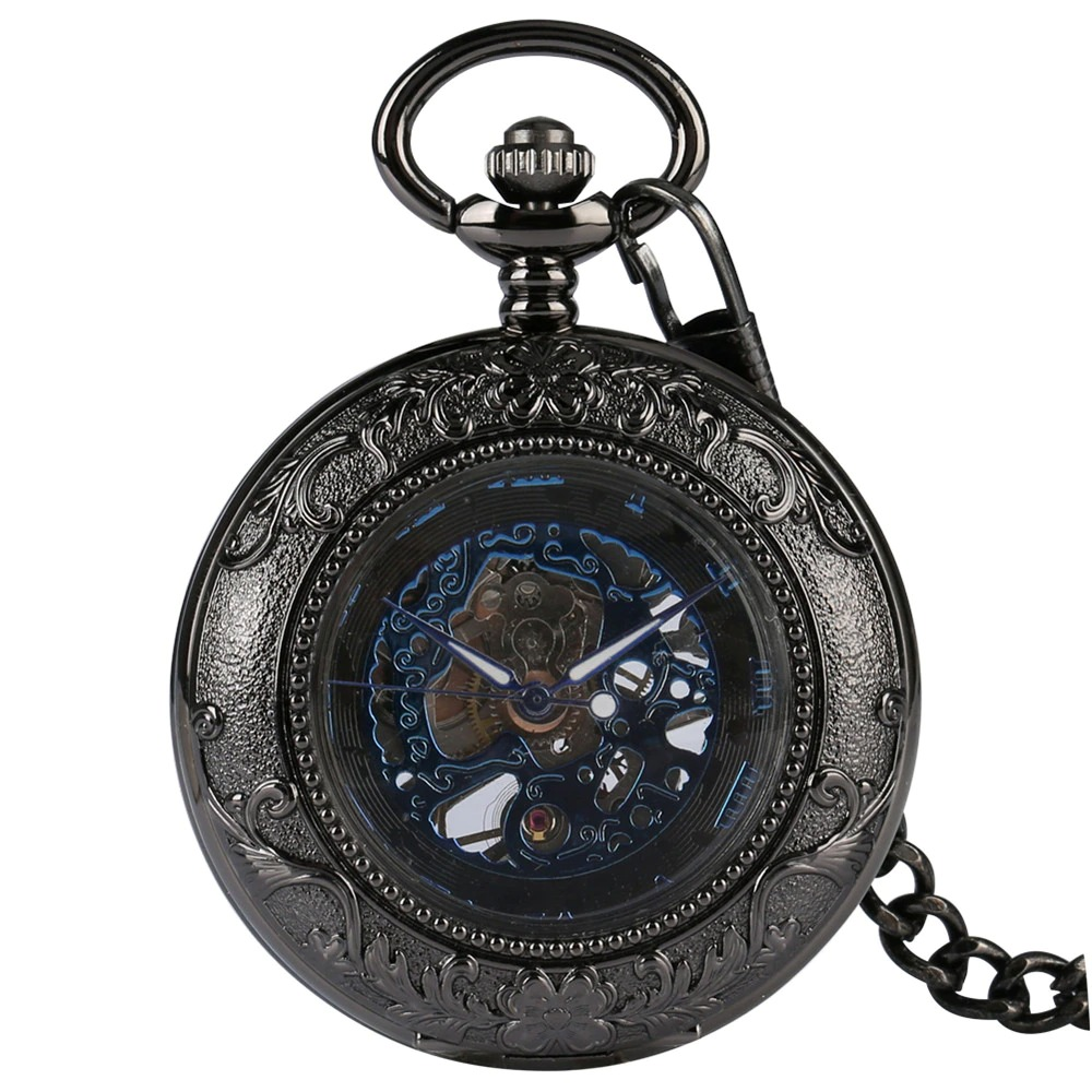Retro Mechanical Watch with Blue Roman Numerals / Black Clock Pocket on Chain with Chic Pattern - HARD'N'HEAVY