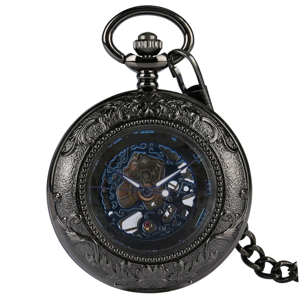 Retro mechanical watch with blue Roman numerals and intricate black pattern, perfect for stylish accessories.