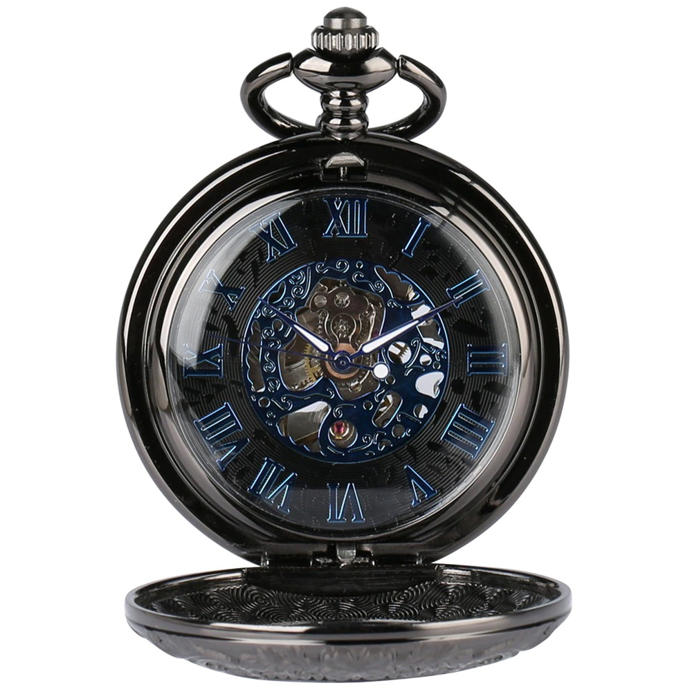 Retro Mechanical Watch with Blue Roman Numerals / Black Clock Pocket on Chain with Chic Pattern - HARD'N'HEAVY