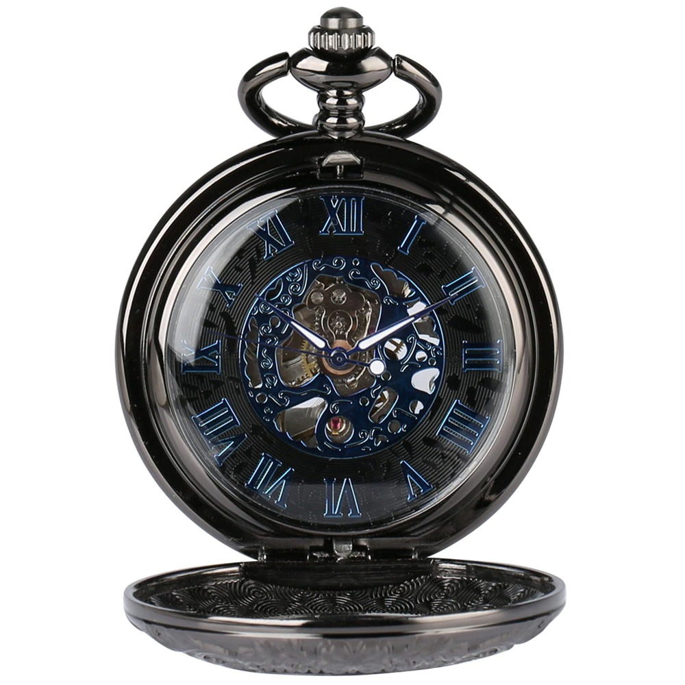 Retro mechanical pocket watch with blue Roman numerals and chic black pattern, a perfect vintage gift for all.