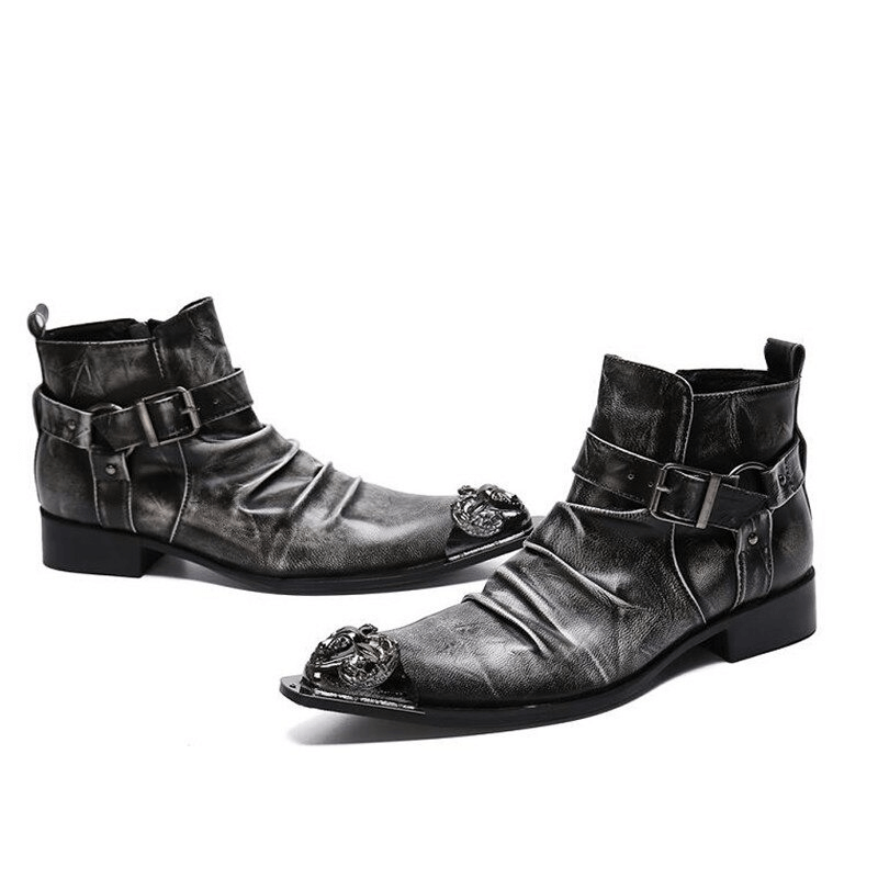 Retro men's genuine leather ankle boots with buckle straps and metal toe in rock style.