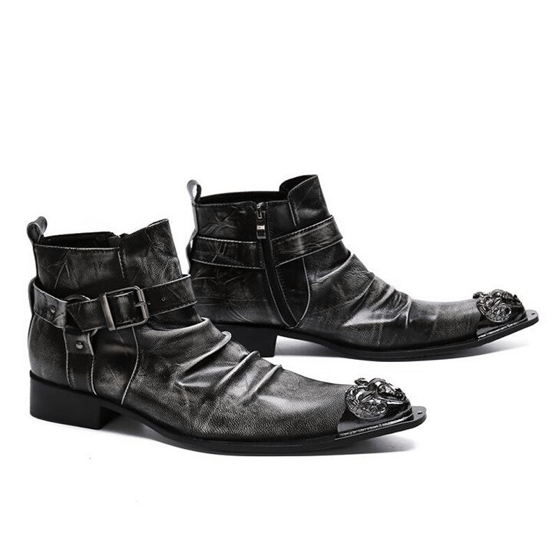 Men's retro black leather ankle boots with buckle straps and decorative metal toe in rock style.