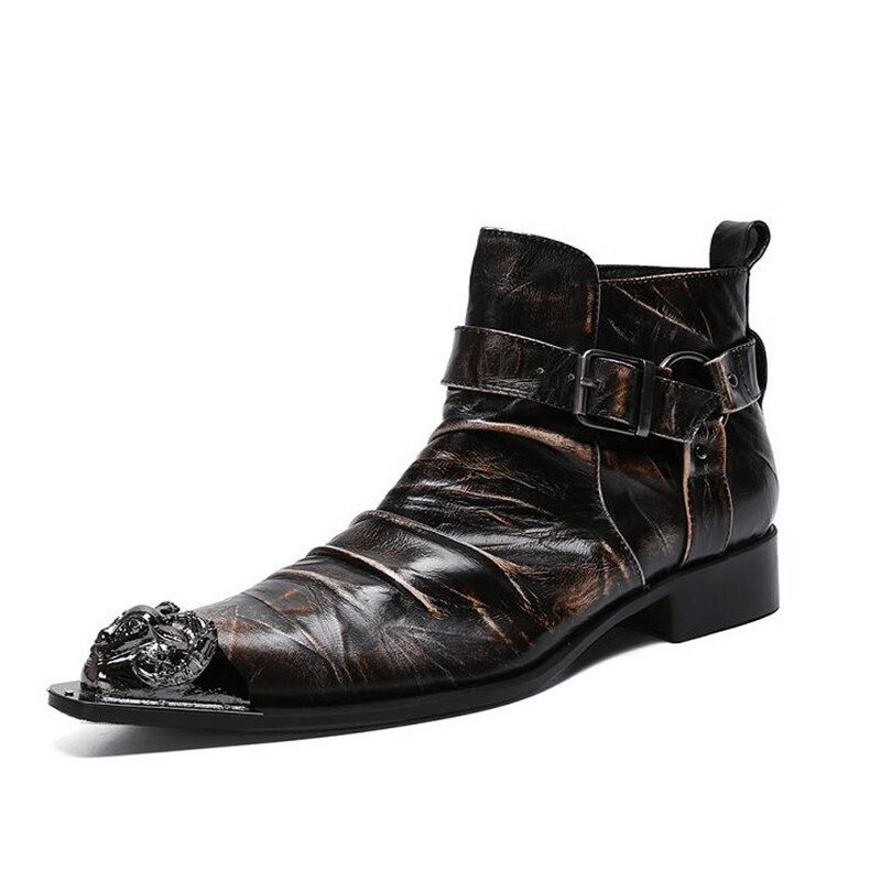 Retro men's genuine leather ankle boots with buckle straps and metal toe in rock style.
