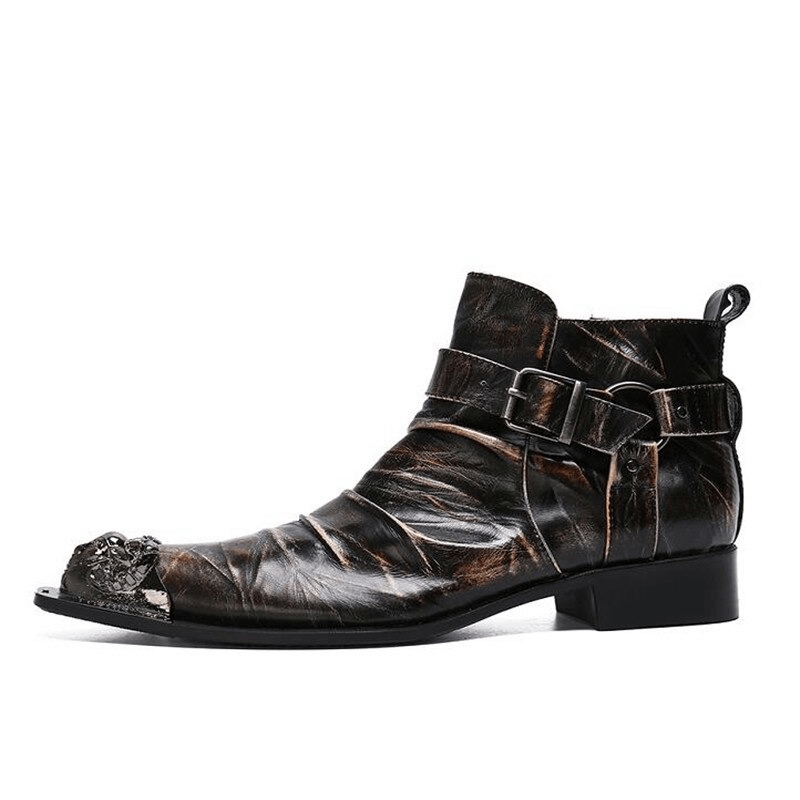 Retro men's genuine leather ankle boots with buckle straps, rock style, featuring a metal toe.