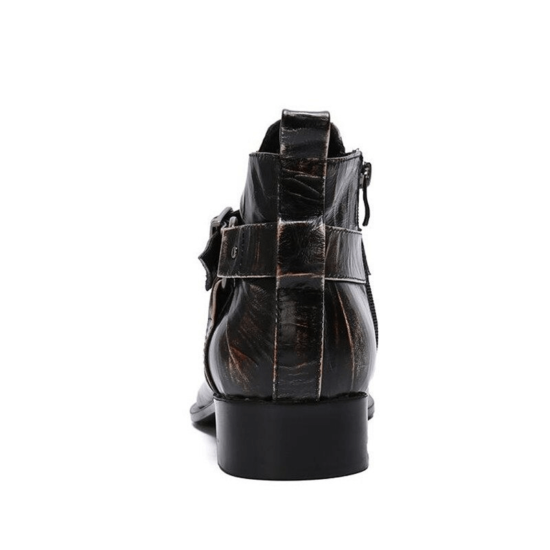 Back view of retro men's genuine leather ankle boots with buckle straps in rock style.
