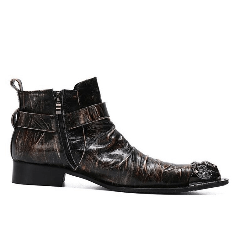 Retro men's leather ankle boots with zipper and buckle straps, fashionable rock style shoes with metal toe.