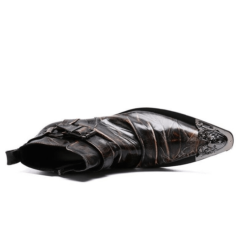 Retro men's genuine leather ankle boots with buckle straps and metal toe, perfect for rock style outfits.