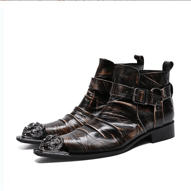 Retro men's genuine leather ankle boots with buckle straps and metal toe in rock style.