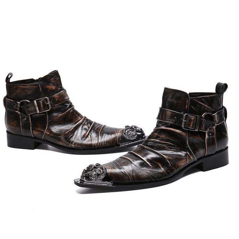 Retro men's genuine leather boots with buckle straps and metal toe in a stylish rock design.