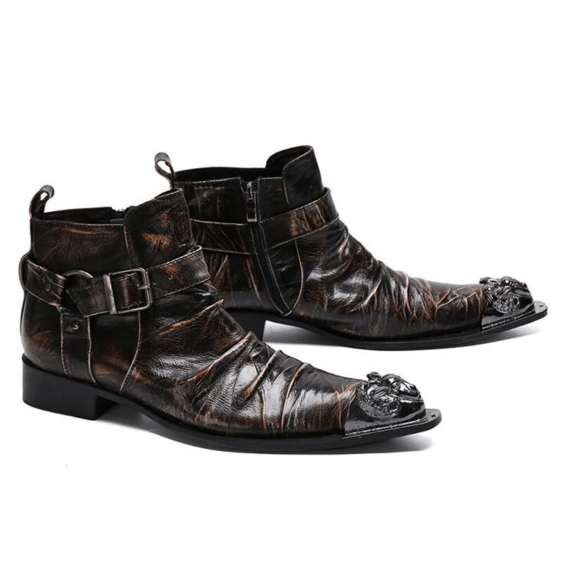 Retro men's leather ankle boots with buckle straps and metal toe, perfect for rock style outfits.