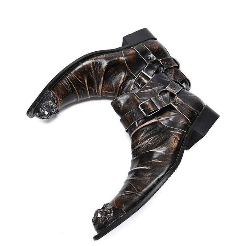 Retro men's genuine leather ankle boots with buckle straps and metal toe in rock style.