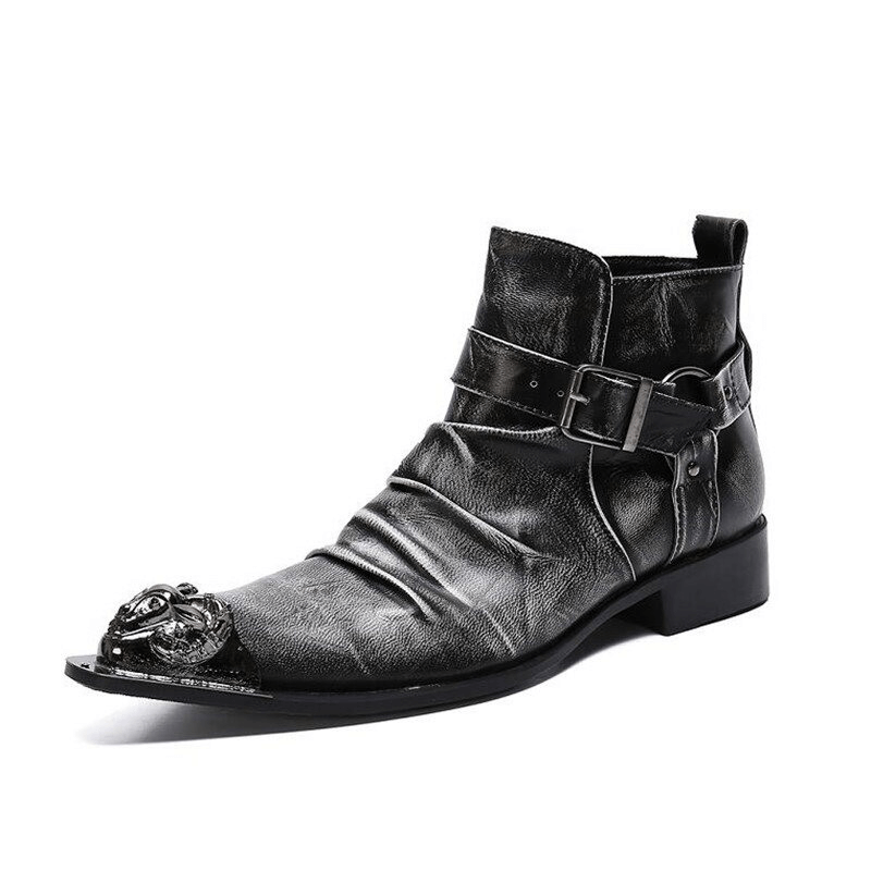 Retro men's leather ankle boots with buckle straps and metal toe in rock style.