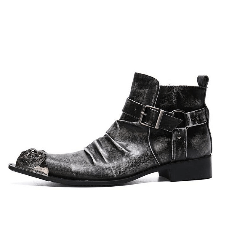 Stylish retro men's genuine leather ankle boots with buckle straps and metal toe in rock style.