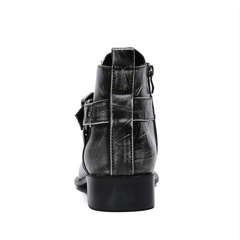 Retro Men's Zipper Buckle Straps Boots / Metal Toe Genuine Leather Ankle Boots in Rock Style