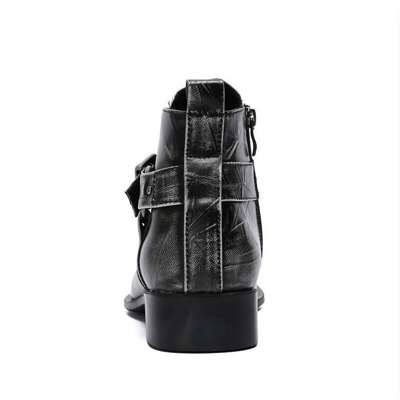 Back view of Retro Men's Genuine Leather Boots with Zipper and Buckle Straps in Rock Style.