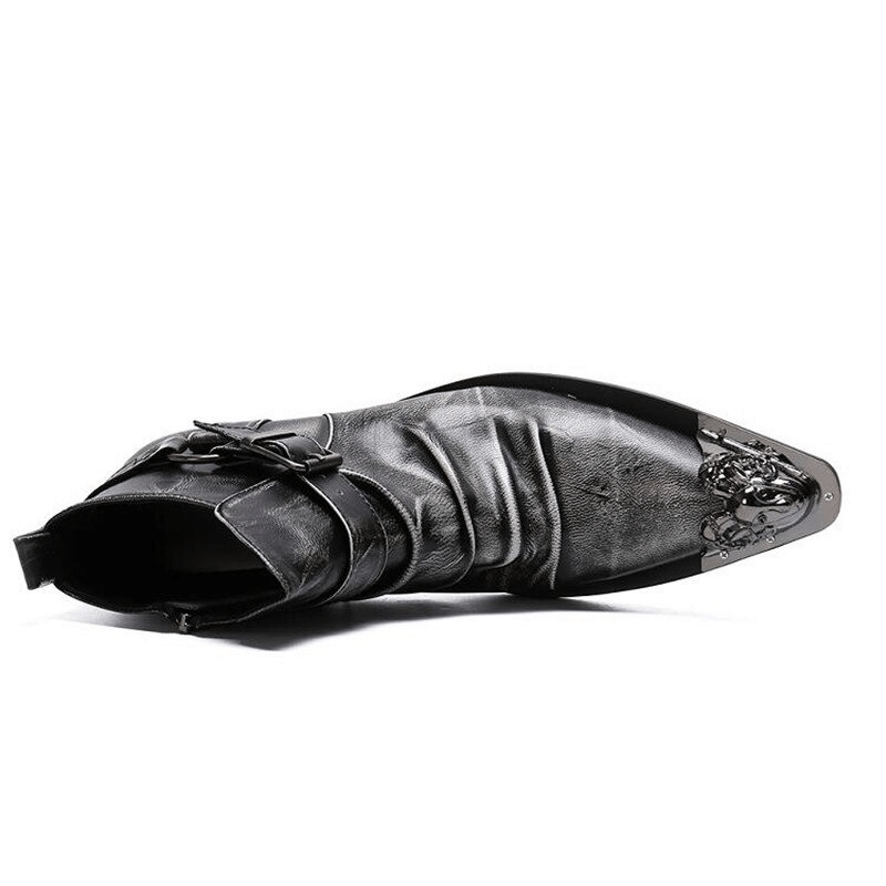 Men's Retro Zipper Buckle Strap Ankle Boots in black leather with metal toe accent for a rock style vibe.