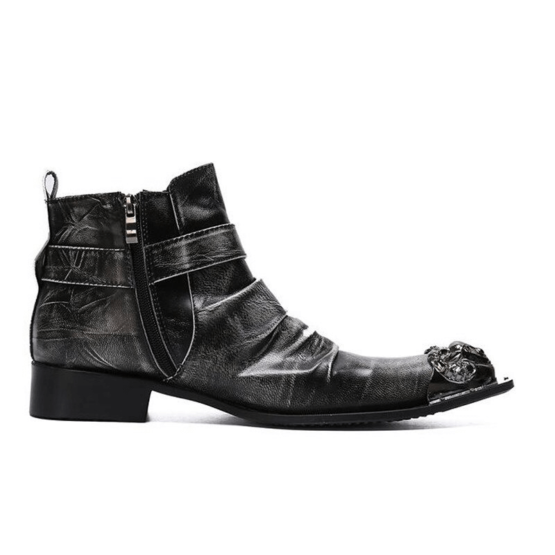 Retro men's black genuine leather ankle boots with zipper and buckle straps for rock style outfits.