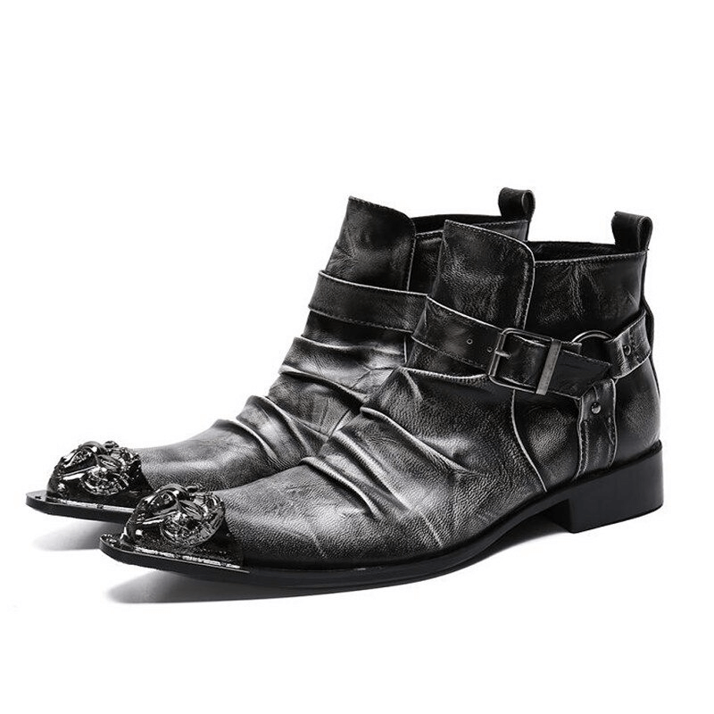 Retro men's genuine leather ankle boots with zipper and buckle straps, featuring a stylish metal toe in rock style.