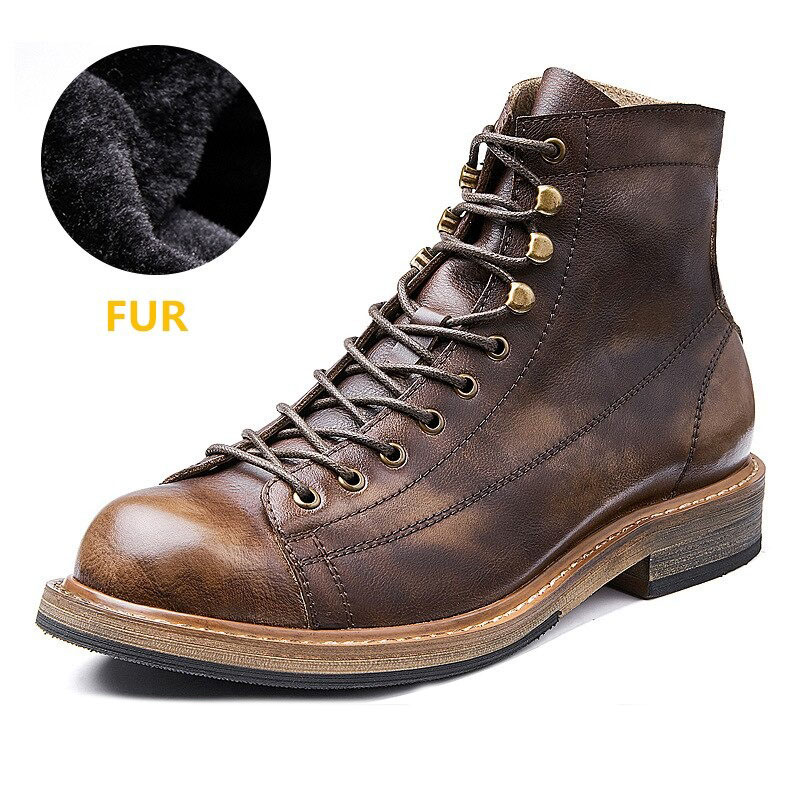 Retro Men's Big Round Toe Lace Up Ankle Boots / Casual Male Genuine Leather Shoes - HARD'N'HEAVY