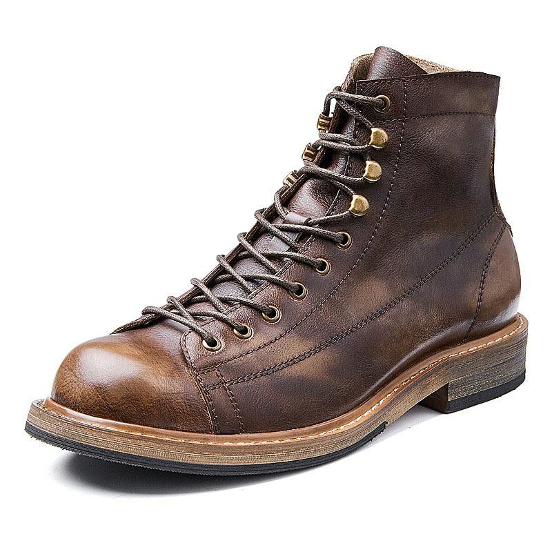 Retro Men's Big Round Toe Lace Up Ankle Boots / Casual Male Genuine Leather Shoes - HARD'N'HEAVY