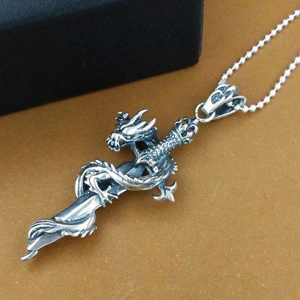 Retro holy sword pendant with a dragon in real s925 silver, perfect for punk fashion jewelry.
