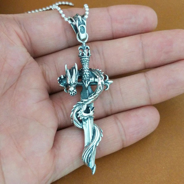 Retro pendant in the shape of a holy sword with a dragon, crafted from pure s925 silver, perfect for punk style jewelry.