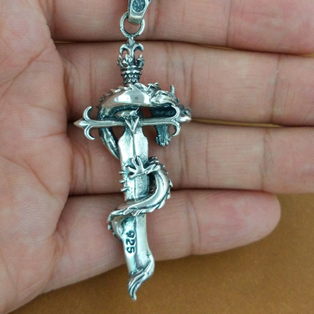 S925 pure silver retro pendant shaped like a holy sword with a dragon, held in hand, punk unisex jewelry.