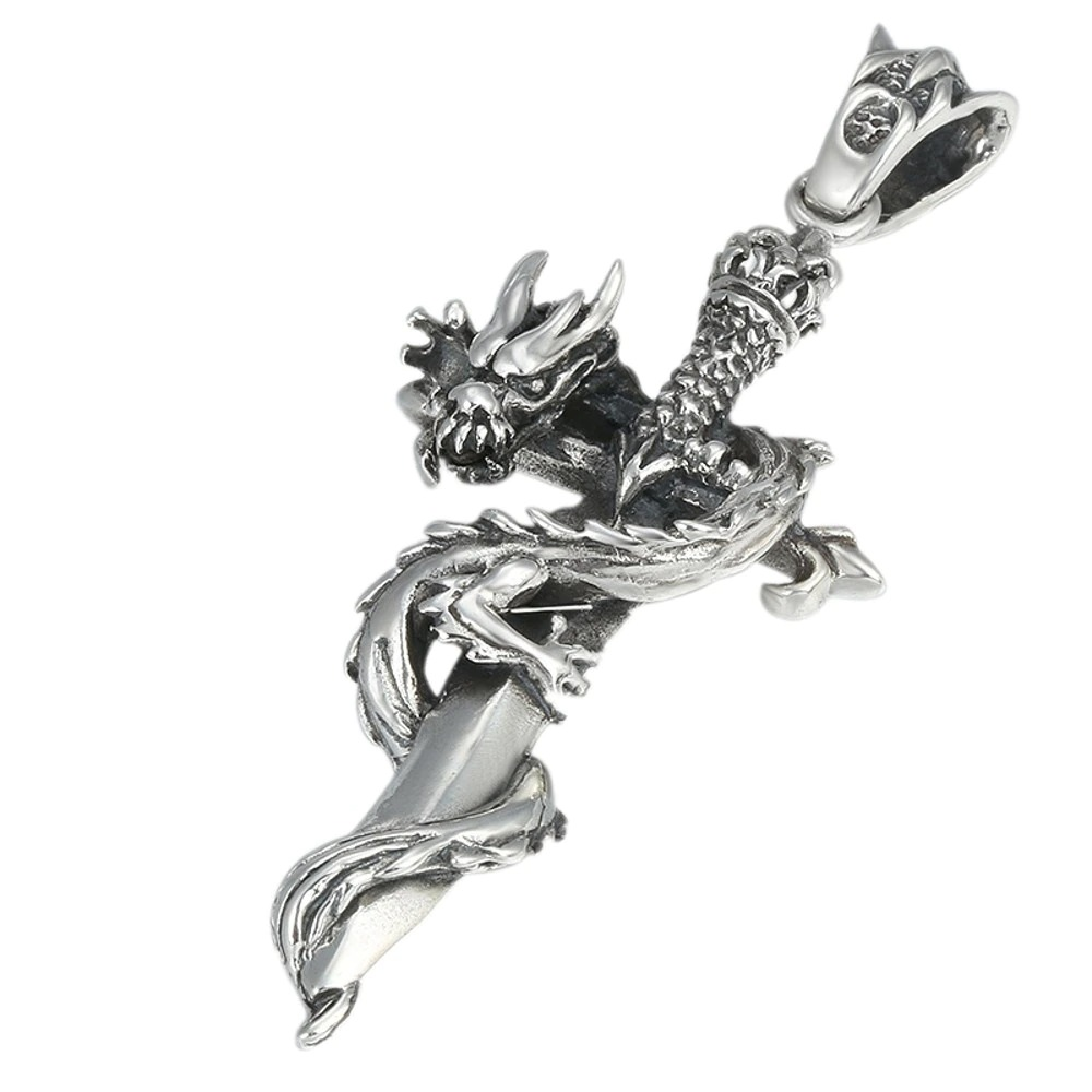 Retro Holy Sword pendant with detailed dragon, crafted in pure s925 silver - stylish punk unisex fashion jewelry.