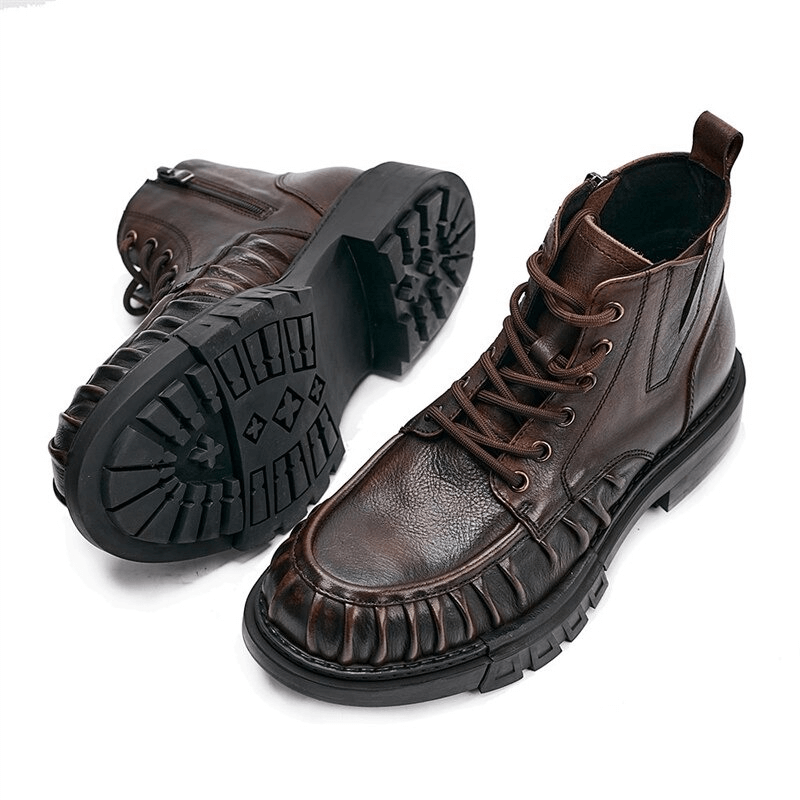Retro Platform Outdoor Shoes / Trendy Lace-up Genuine Leather Motorcycle Boots