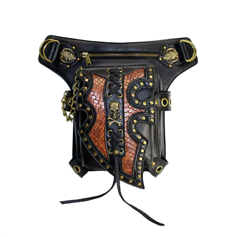 Gothic steampunk shoulder bag with skull details, adjustable belt, perfect for bikers and alternative fashion lovers.