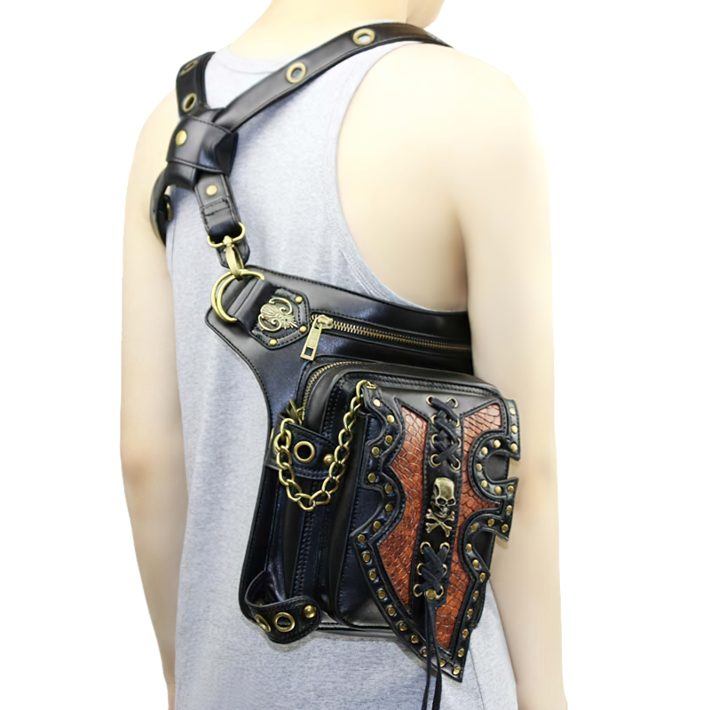 Retro rock Gothic steampunk shoulder bag with chains and metal details, perfect for alternative fashion lovers.