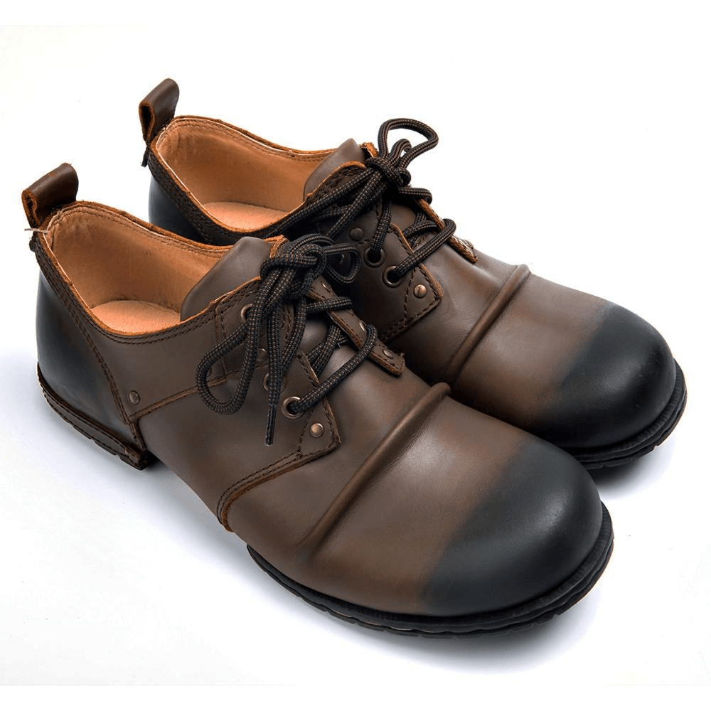 Retro Round Toe Genuine Leather Shoes / Men's Wrinkle Lace-Up Casual Shoes