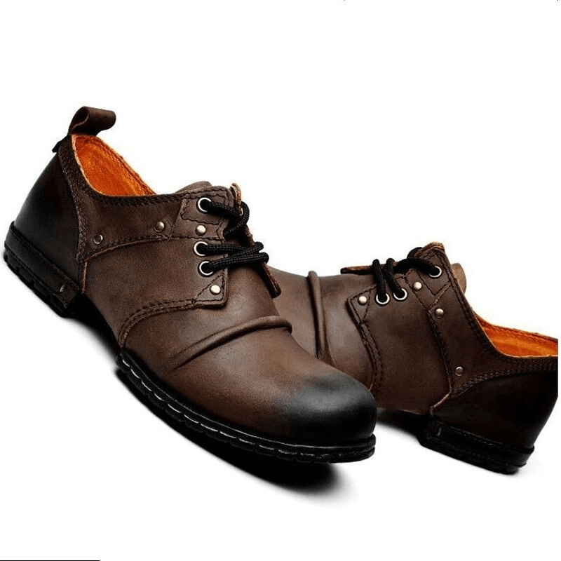 Retro Round Toe Genuine Leather Shoes / Men's Wrinkle Lace-Up Casual Shoes