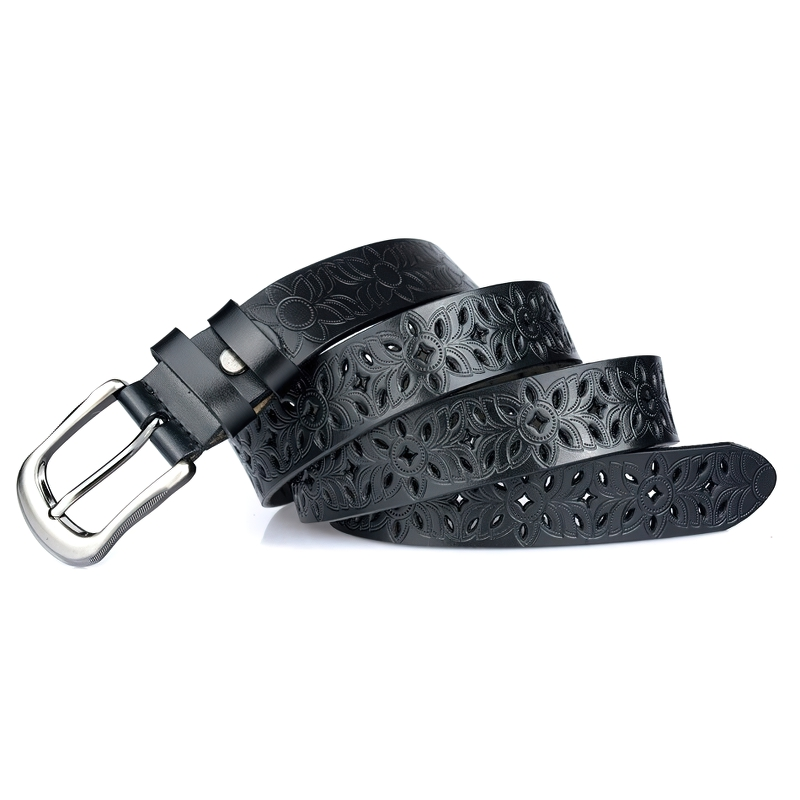 Genuine leather women's belt with hollow flower carving and silver pin buckle, perfect for stylish outfits.