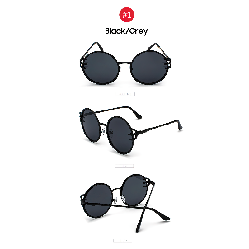 Retro Skull Claw Round Sunglasses in Black/Grey with Gothic Style Metal Frame and Unique Skull Claw Details.