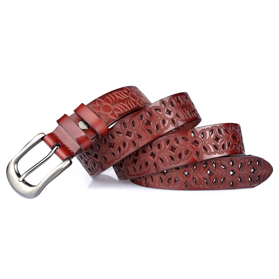 Genuine leather hollow flower carved women belt with silver pin buckle, perfect for alternative style outfits.