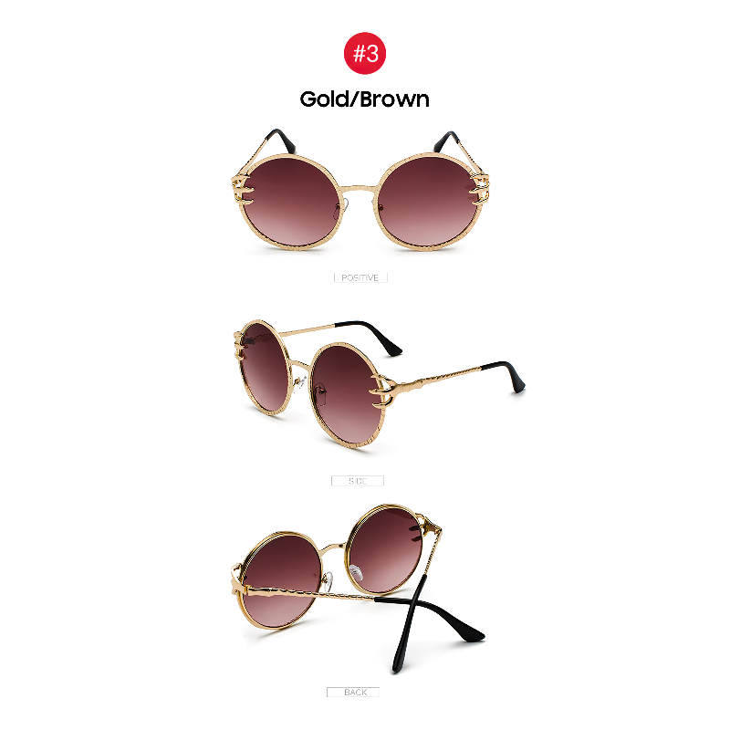 Retro skull claw round sunglasses in gold/brown, showcasing Gothic style with UV protection and unique designs.