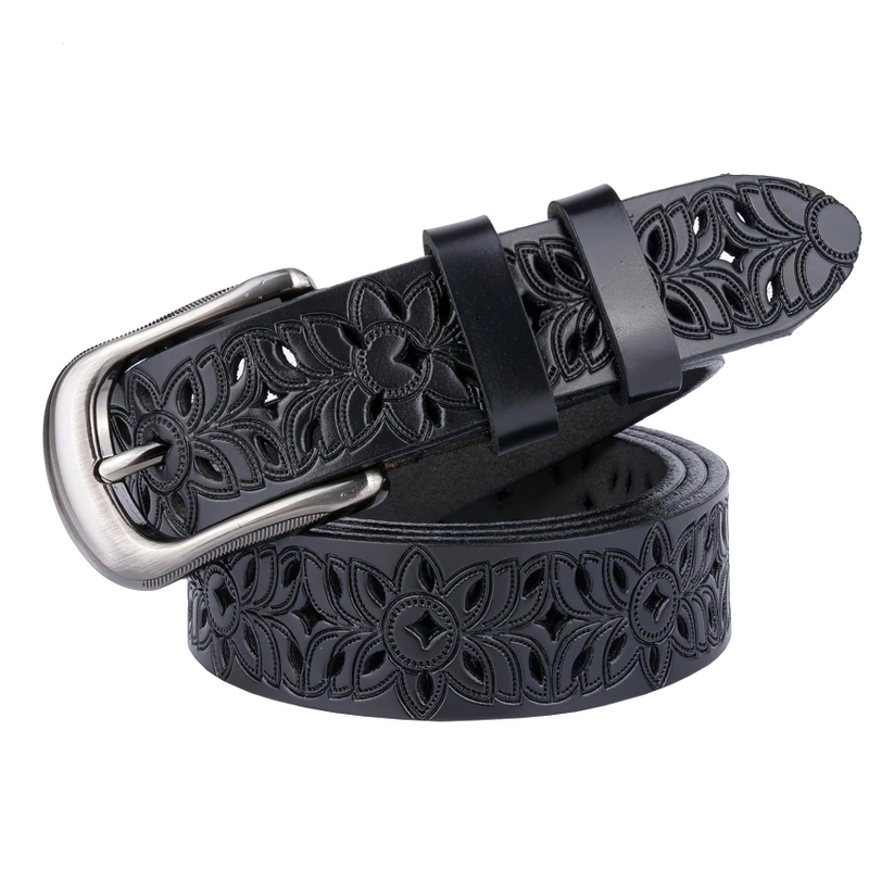 Genuine leather black belt with hollow flower carvings and decorative pin buckle, perfect for alternative fashion styles.