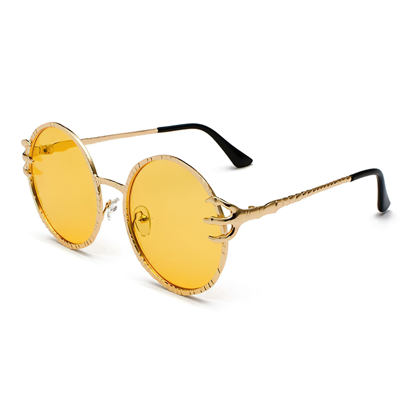 Retro skull claw round sunglasses with yellow lenses and metal frame, ideal for gothic style outfits and cosplay events.