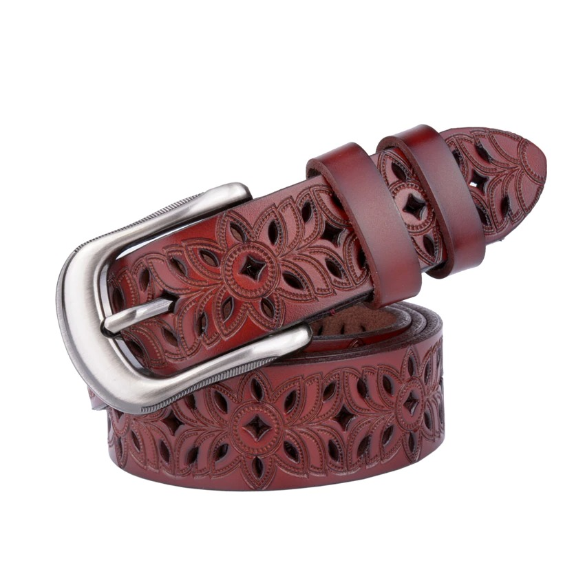 Genuine leather hollow flower carved women belt with decorative pin buckle in rich brown color.