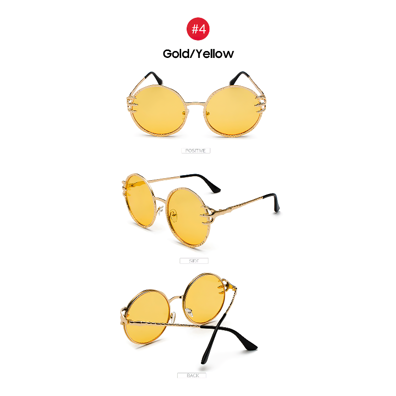 Gold and yellow round sunglasses showcasing front, side, and back views for stylish summer fashion.