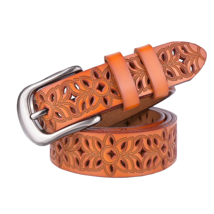 Genuine leather hollow flower carved belt with decorative pin buckle, ideal for stylish women's outfits.